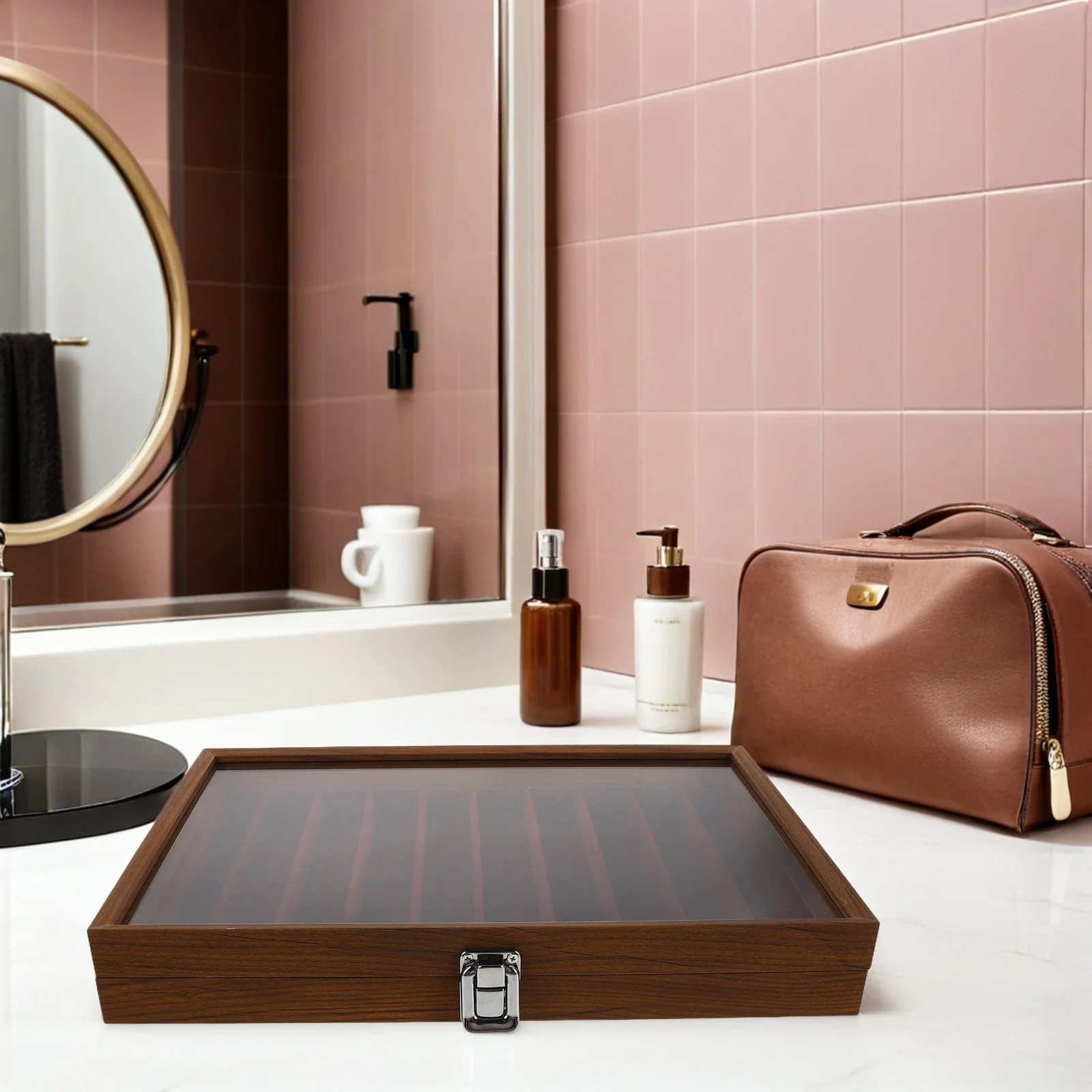 

1pc Jewelry Storage Box Wooden Necklace Organizer Tray With Clear Glass Lid Anti-Tangle Design For Long Necklaces Bracelets