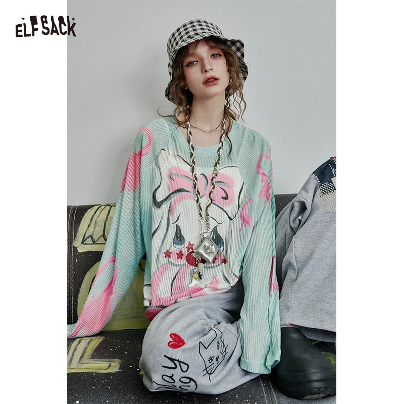 

ELFSACK Y2K Graphic Knit Sweater with Cartoon Bow Print, Oversized Harajuku Top for Women, Retro Streetwear Long Sleeve Jumper