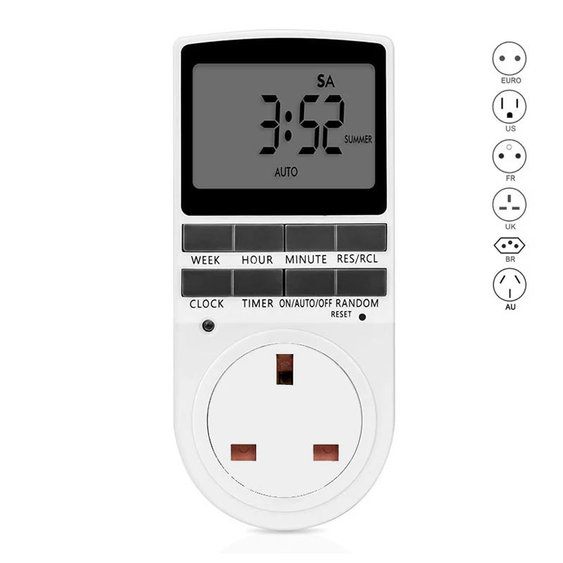 Programmable Digital Timer Socket 220V – 12/24H Electronic Time Switch Outlet with EU, UK, US, AU, FR Plugs for Kitchen, Home