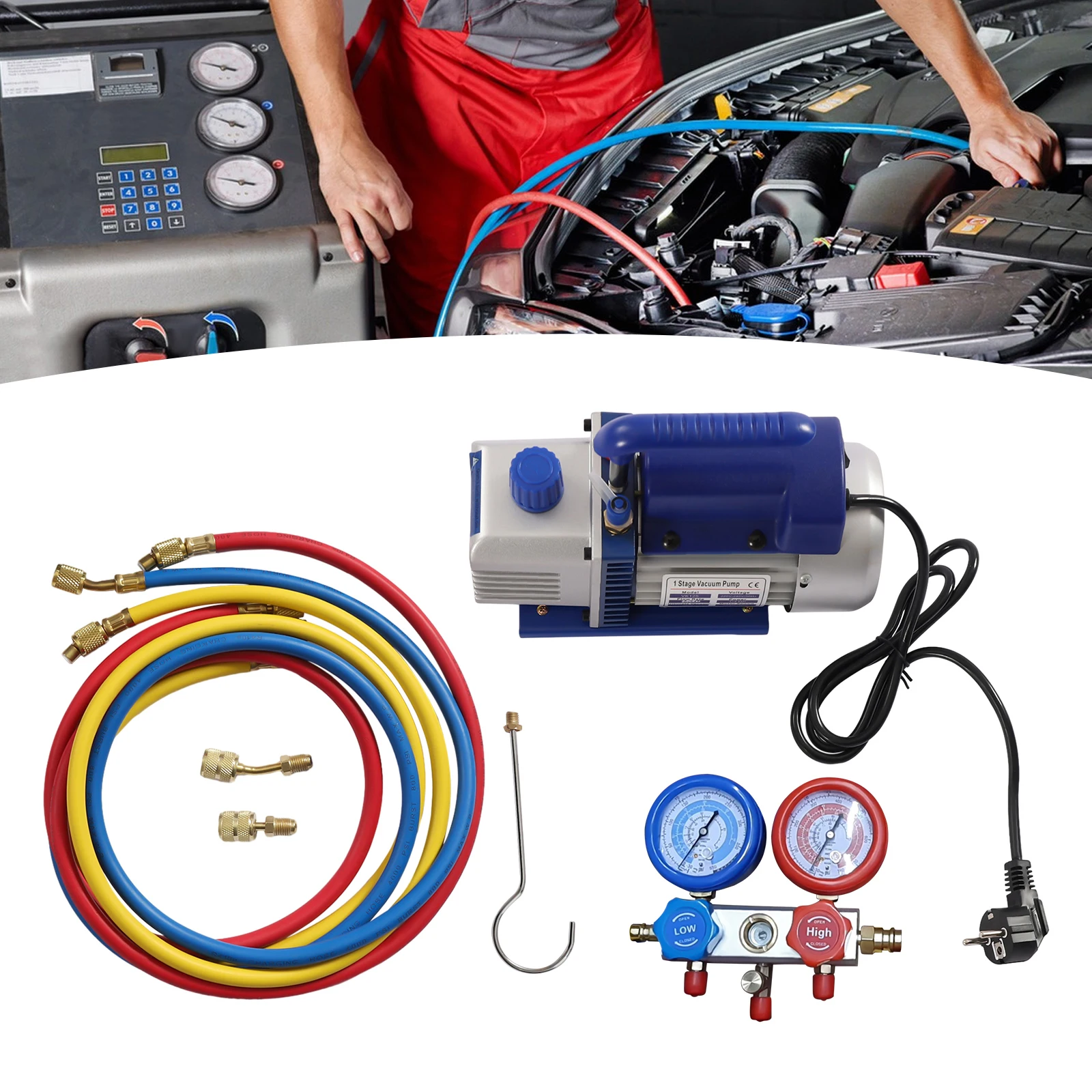 Auto AC Repair Complete Tool Kit Vacuum Pump Manifold Gauge Set Pure Copper Motor Low Noise 800-4000psi