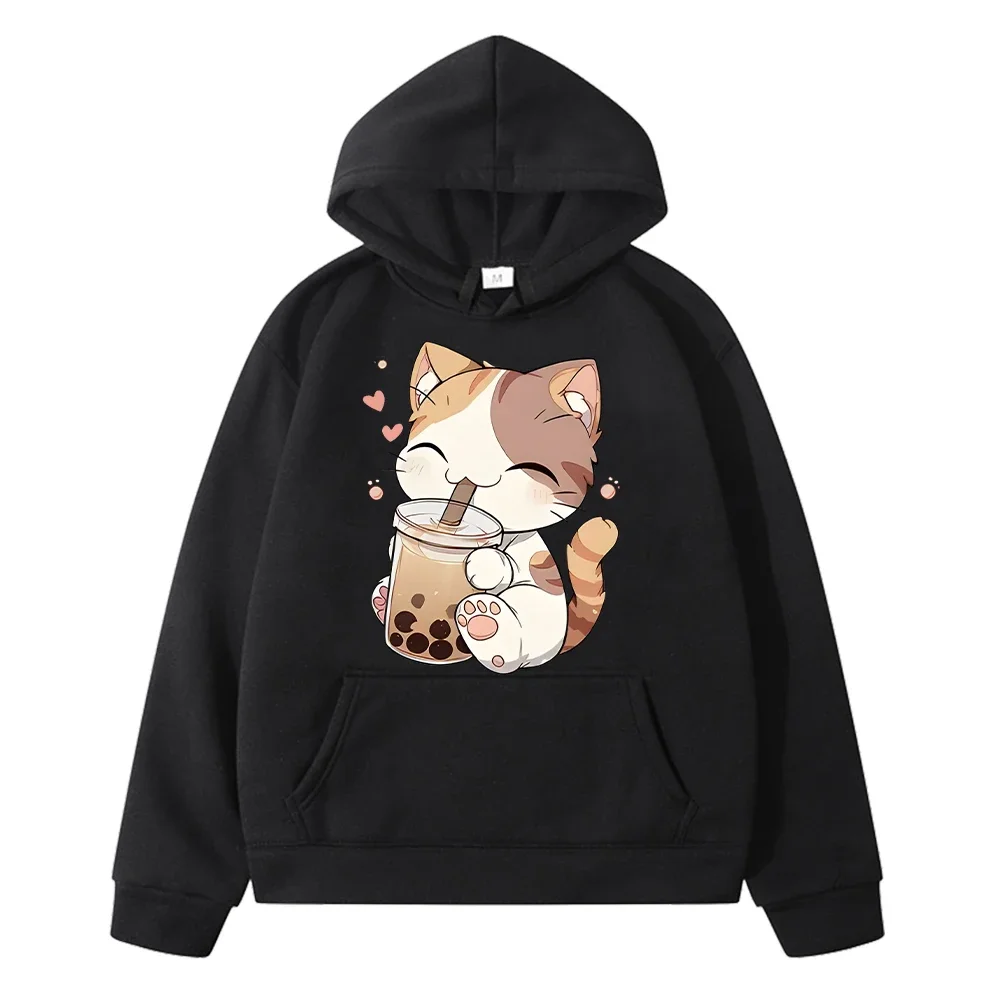 Cute Cat And Bubble Tea Print anime hoodie Fleece Sweatshirt y2k sudadera pullover boy jacket Kawaii Hoodies kids clothes girls