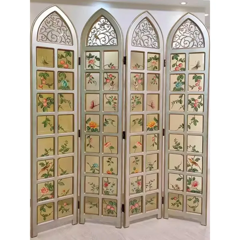 French screen partition for living room, light luxury mobile foldable soft partition, American background art glass bedroom fold