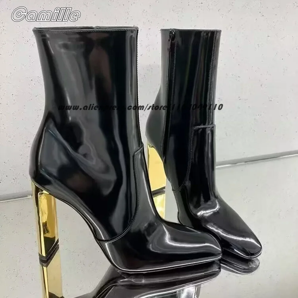 Patent Leather Side Zipper Gold Heel Short Boots Pointed Toe Size 34-40 Short Plush Modren Boots All-Match High Heel Boots