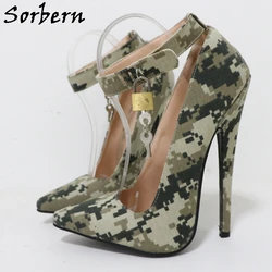 Sorber Camouflage Pump Shoes punta a punta lucchetto con serratura cinturino alla caviglia Fetish 18Cm Stiletto tacco alto pompa lady Shoe Custom