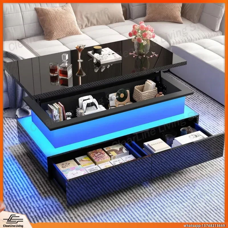 Large LED Coffee Table with 2 Storage Drawers 60000 Color RGB Lights App Control Touch Sensor High Gloss Modern Black Lift