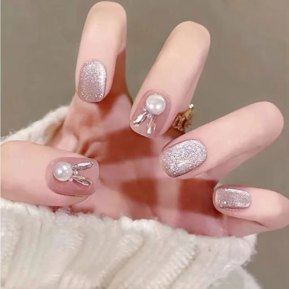 Glitter Cat Eye False Nail Wearable Chic Short Square Fake Nails Full Cover Detachable Finished Ballet Nails Press on Nails 24pc