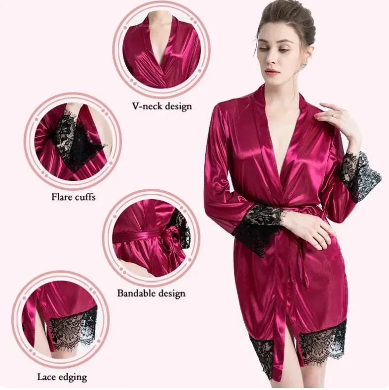 Female Sleepwear Lace Patchwork Long Bathrobes Ladies Nightgown Soft Silk Dressing Gown Bathrobe For Women