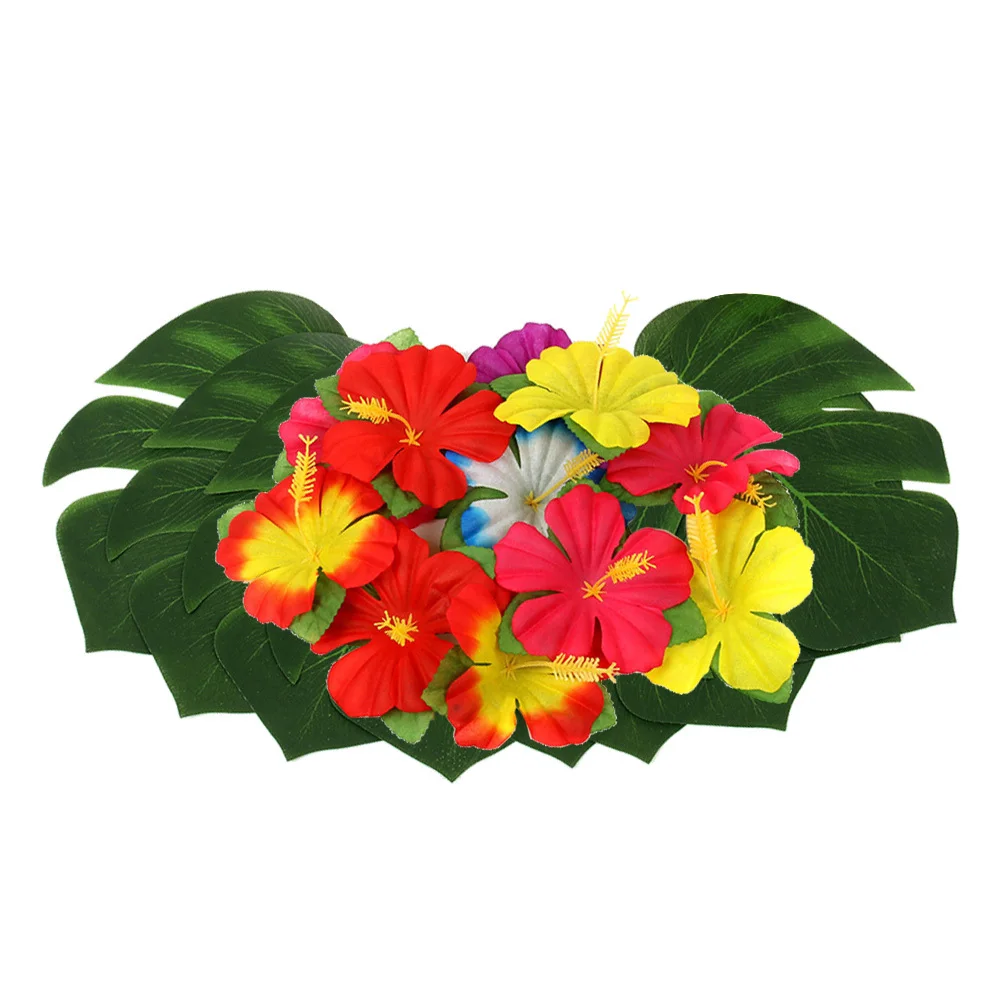 

48Pcs Hawaiian Party Supplies Simulation Monstera Hibiscus Flower Set 8 Inch Perfect Luau Party Decoration Tropical Leaf Table