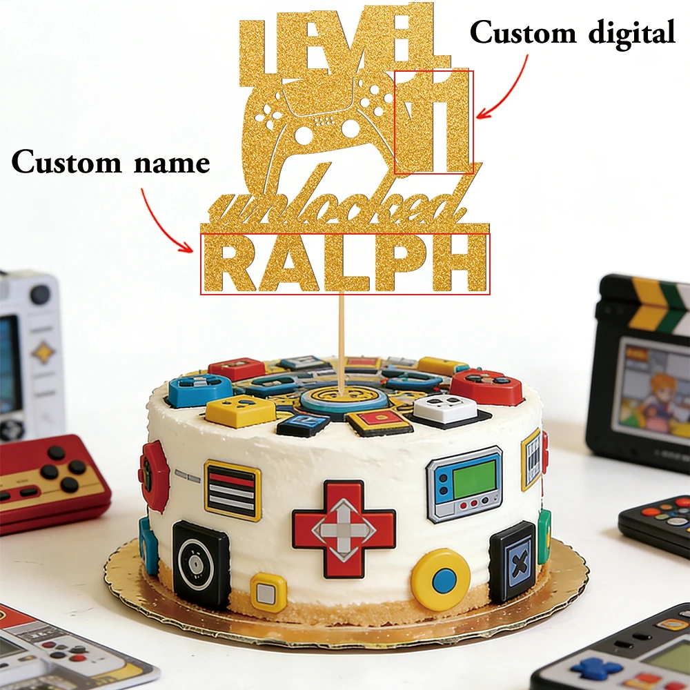 1 Stück personalisierter Tortenaufsatz mit Text und Spielcontroller-Motiv, zum Thema Videospiele und Filme, geeignet für einen Teenager-Geburtstag
