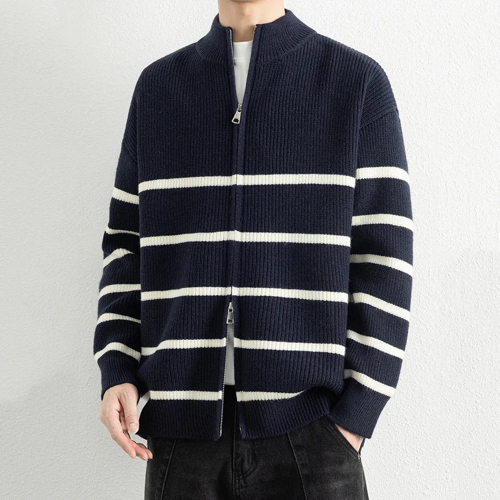 Striped Cardigan Jacket Knitted Sweater Men's Jacquard Thickened Autumn And Winter Loose Lazy Business