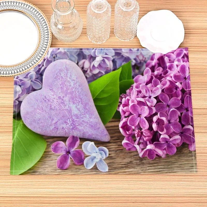 Home Decor Lilac Flowers Print Linen Dining Table Mats Alphabet Kitchen Placemat 32X45cm Coasters Pads Bowl Cup Mat