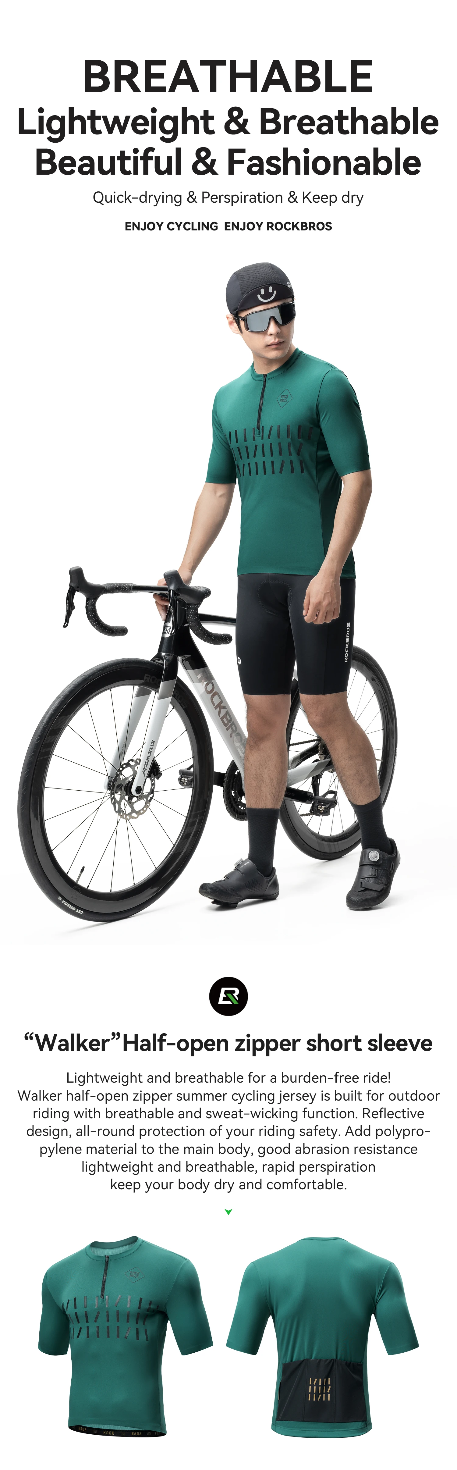 ROCKBROS Herren Fahrradtrikot Leichtgewicht Kurzarm Atmungsaktiv Sommer Fahrradbekleidung Sportbekleidung Outdoor Schnelltrocknendes Shirt – Detail 1