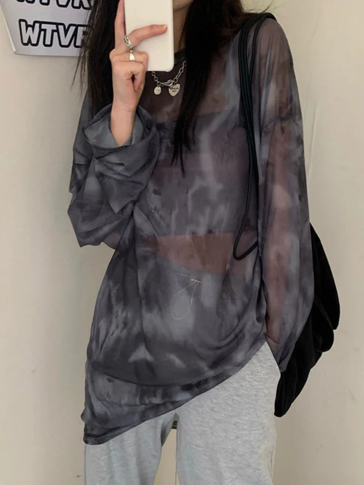 T-shirt Women Tie Dye Long Sleeve Ladies Spring Loose High Street Stylish Thin Leisure Minimalist Harajuku Ins Comfortable Chic