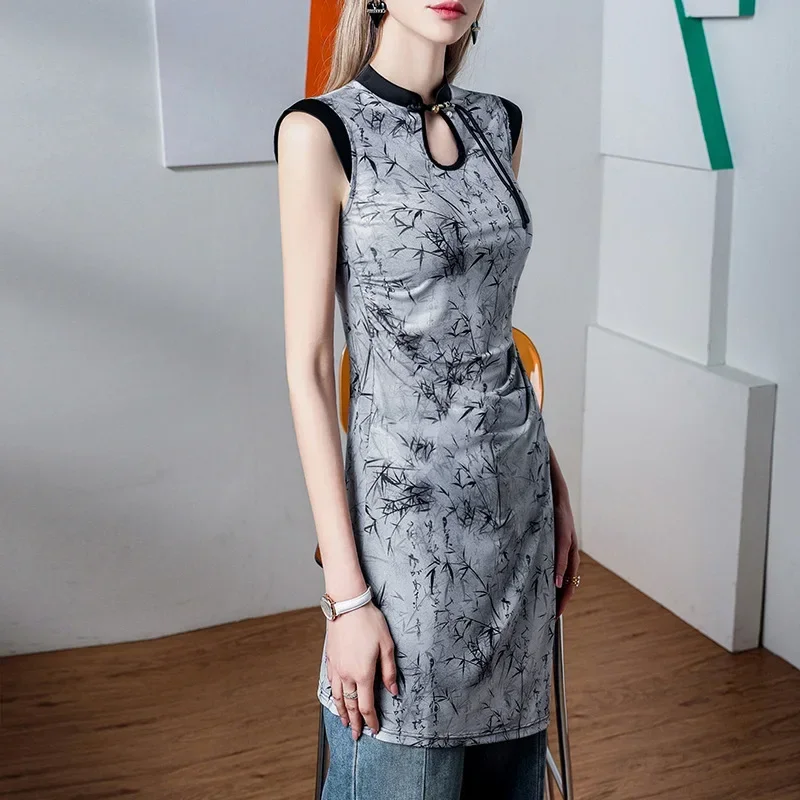 

Chinese Style Vintage Print Cheongsam Long T Shirt Ladies Asymmetrical Tshirt Women #4407 Sleeveless T Shirt Femme Stand Collar