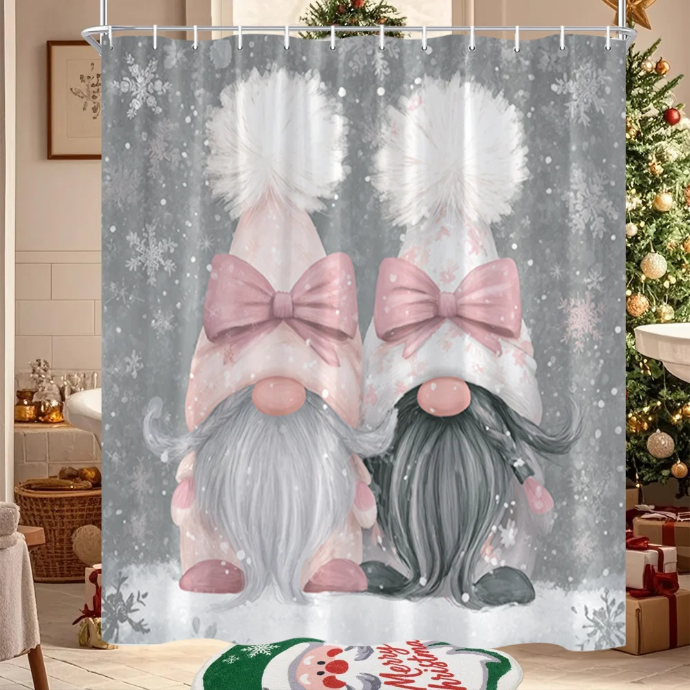 2D Flat, 2D Flat, 1pc of Winter Gnomes Shower Curtain Featuring a Charming Gnome Design Adorned with a Pink Bow And Snowflakes,
