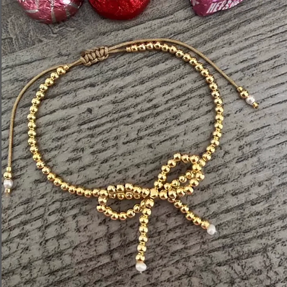 KKBEAD 18K Gold Plated Bow Knot Bracelet Waterproof Bow Ball Jewelry for Women Gift Pulseras Mujer