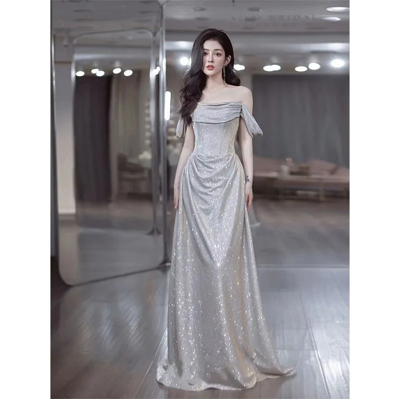 

Sexy Off Shoulder Evening Dresses Women Sparkly Exquisite Sequins Backless Party Gowns