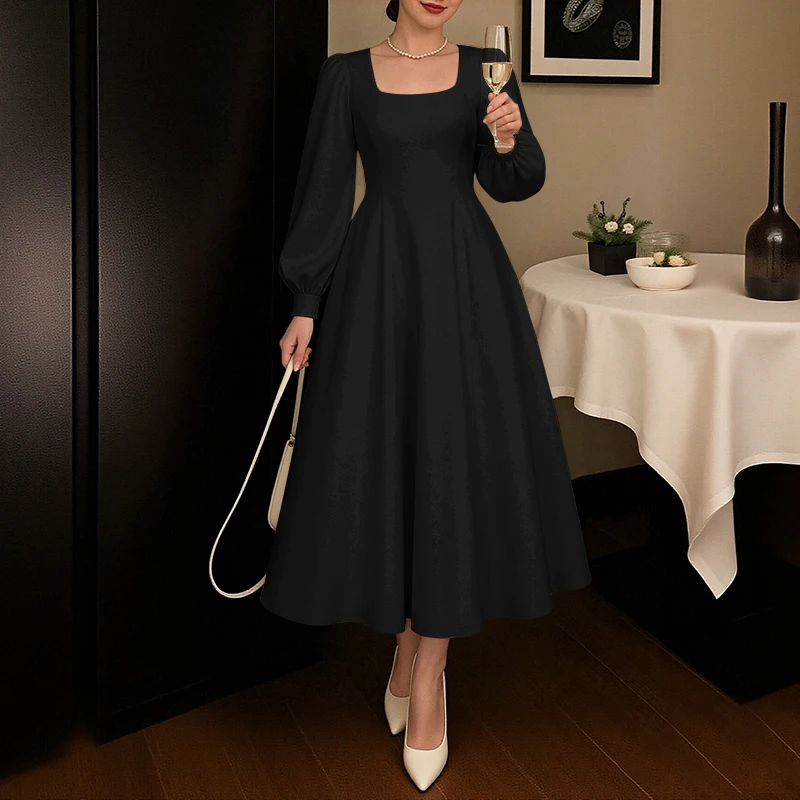 ZANZEA Donne Eleganti Colletto Quadrato Vestito Da Partito Lungo 2025 Autunno Manica Lunga A Soffio Abiti Da Sposa Casual di Colore Solido Midi Robe