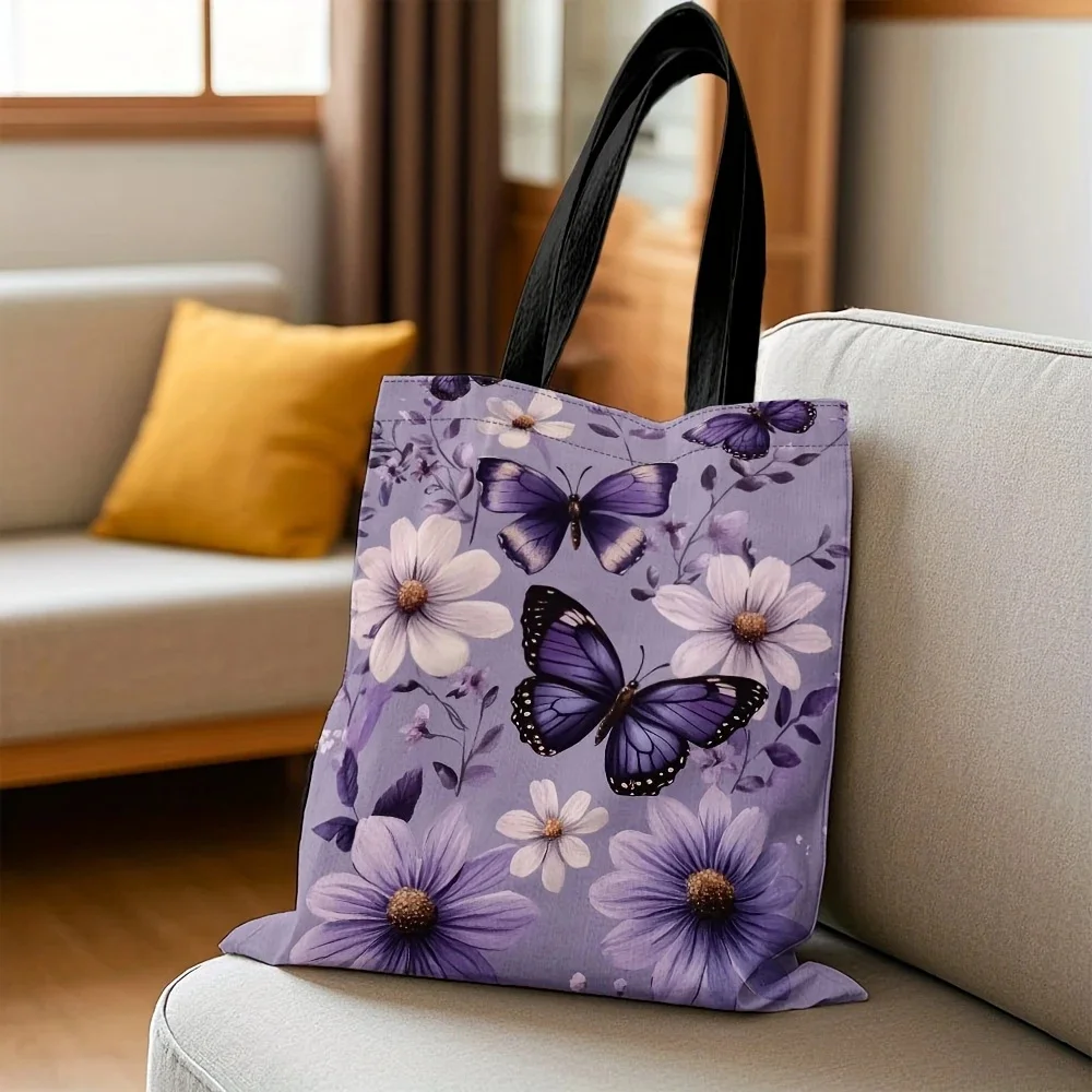1pc Stylish Butterfly Floral Print Polyester Tote Bag Versatile Shoulder Shopper Everyday Use Travel Gifts