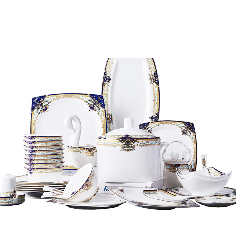 Luxury 60 pieces European new home party porcelain plate set ceramic fine bone china tableware set