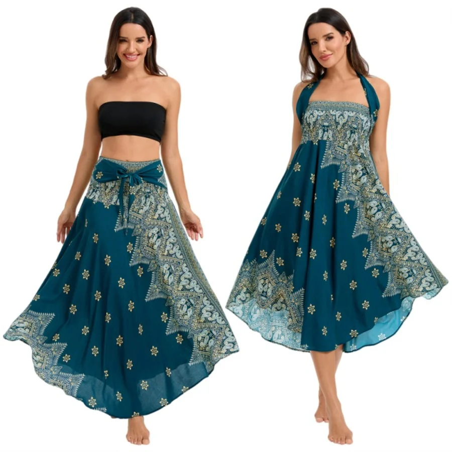 Damen Boho-Kleid aus Rayon, Atmungsaktiv, Weich, Sommerliches Bohemian Langes Kleid, Strandkleidung, Urlaub, Elastische Taille, Bandage-Neckholder, Hippie-Kleid – Detail 13