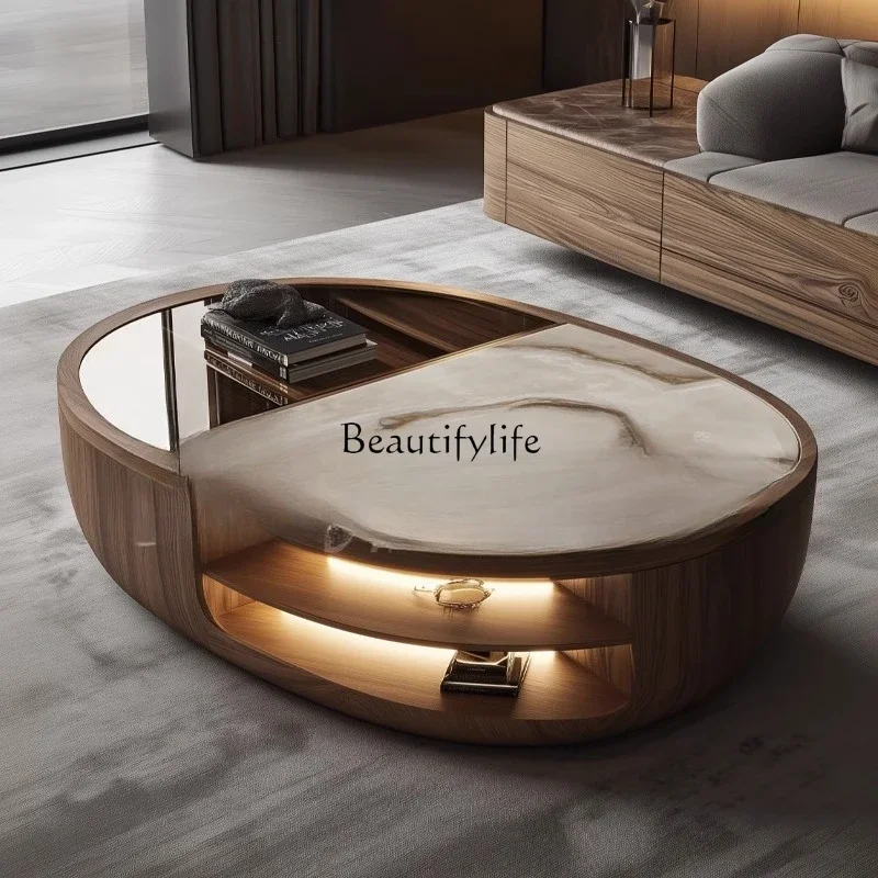 

88.Modern Light Luxury Home Coffee Table Rock Plate Walnut Wood Oval Coffee Table