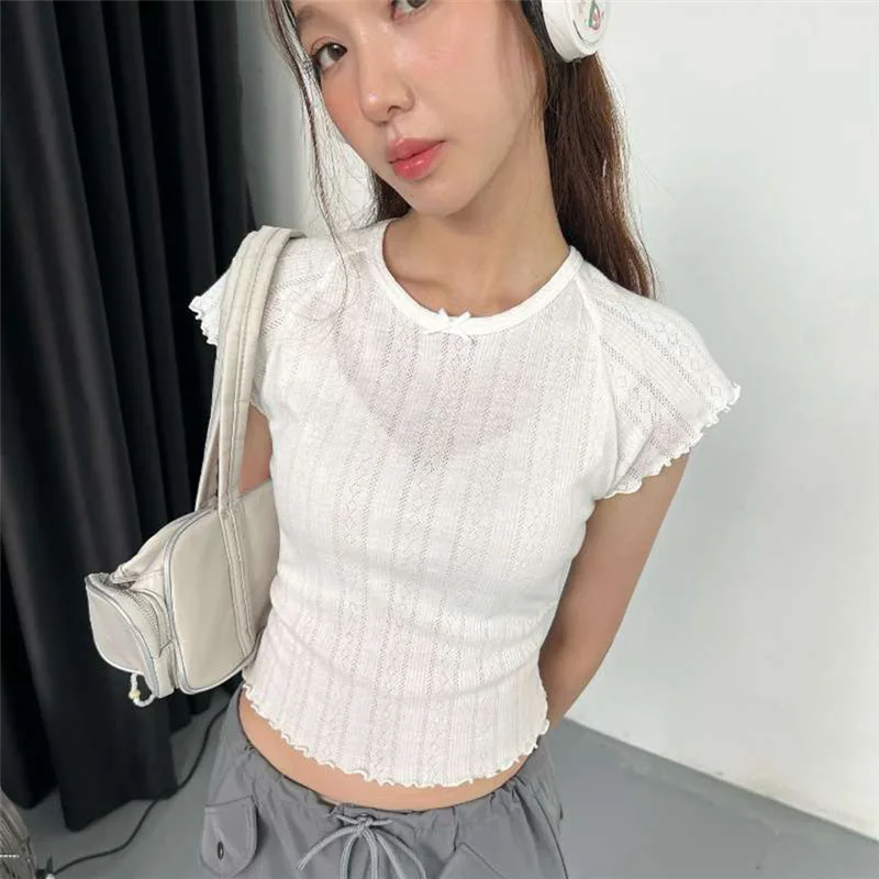 

New Women'S Clothing Sweet Girlish Style Solid Color Personalized Round Neck Slim Fit Short Sleeved T-Shirt