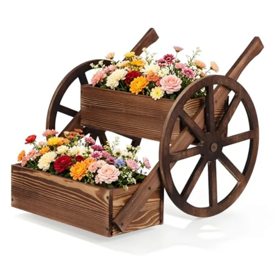 

Wooden Wagon Planter Box with Wheels Decorative Wood Garden Planter for Flowers Vegetables Succulents and Herbs Stylish Flower