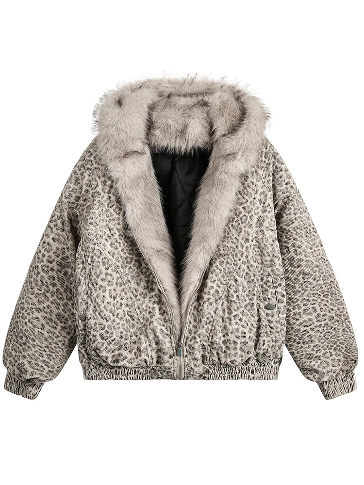 DEAT Fashion Leopard Cotton-padded Coat Women's Fur Hooded Loose Zipper Thick Long Sleeves Parker Jacket Winter 2024 New CPG2405