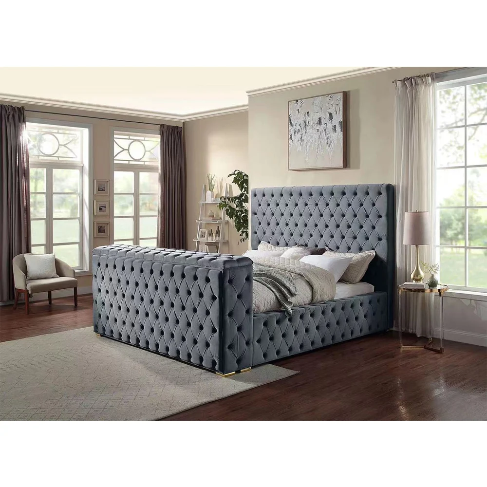 سرير خشبي من القماش المخملي المزدوج بحجم كينج كوين الحديث مع مدفأة مع مدفأة مع مصعد تلفزيون