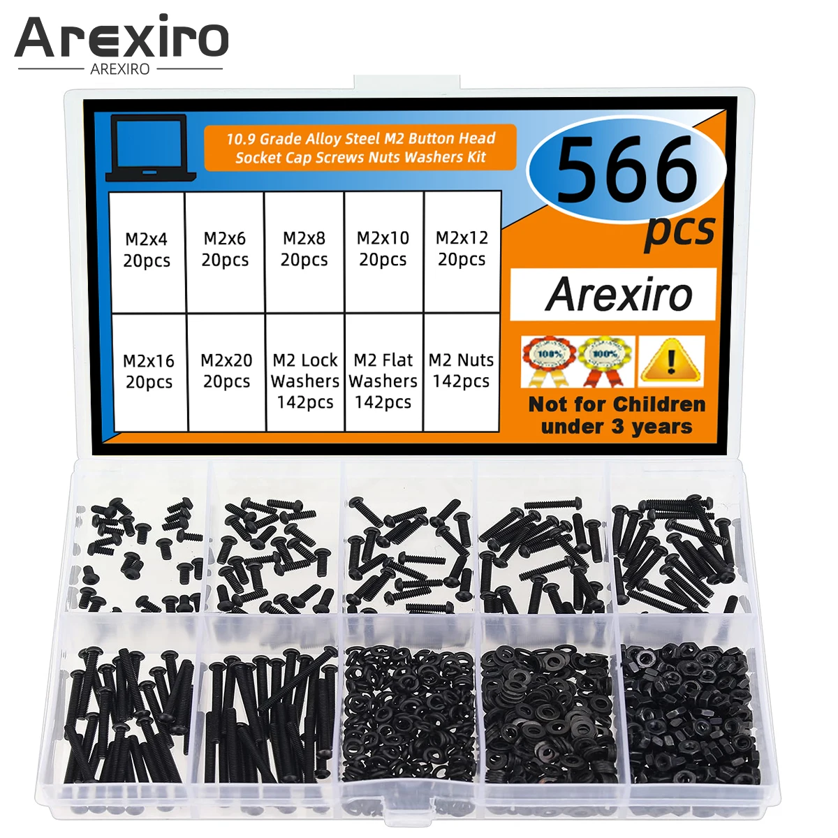 566 pcs Black M2 x 4/6/8/10/12/16/20 mm Button Head Socket Screw Nut Washer Combo Kit, Grade 10.9 Alloy Steel, Fully Threaded.