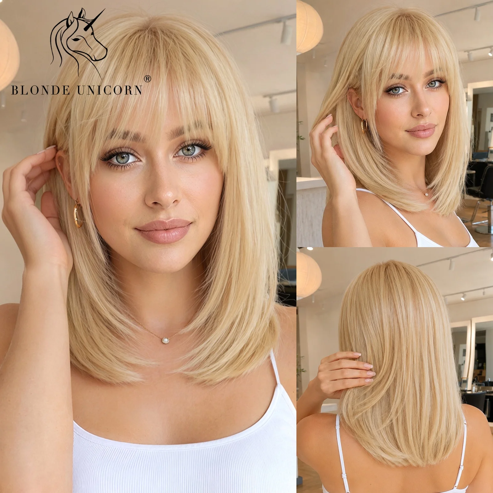 Medium Layered Blonde Wig with Bangs Y2K Fashion Style Natural Looking Synthetic Hair for Women Daily Wear Party Cosplay Costume