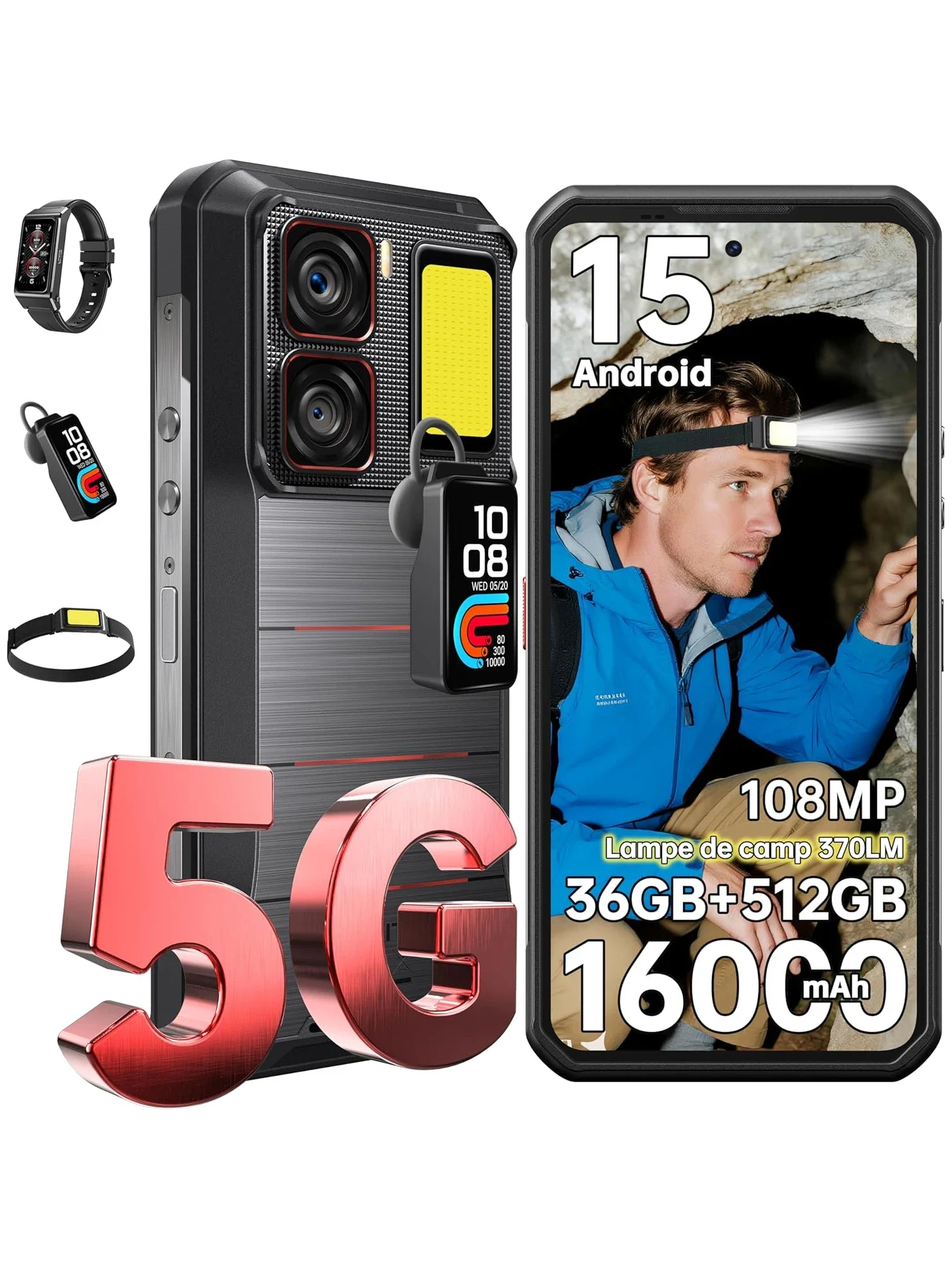 OUKITEL WP300 5G 36(12+24)GB+512GB Android 15 Smartphone 6,8" FHD+ 120Hz 108MP 16000mAh 45W Campinglicht Handys