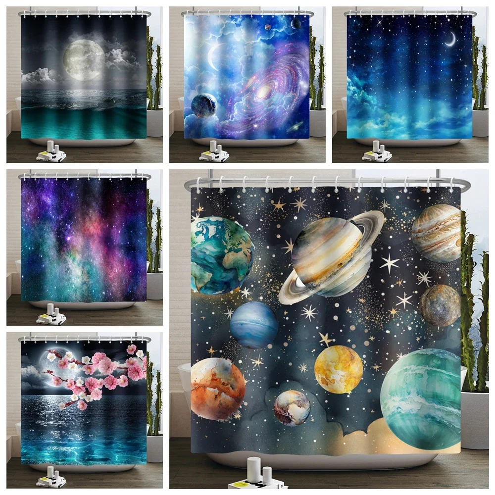 Universe Planet Space Shower Curtain for Bathroom Galaxy Starry Sky Moon Earth Planetary Waterproof Bathroom Bathtub Curtain