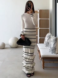 Tossy Ruffled Striped Knit Maxi Dress Female Elegant See-Through Patchwork Fashion Luxury Party Dress Knitwear Women Long Dress