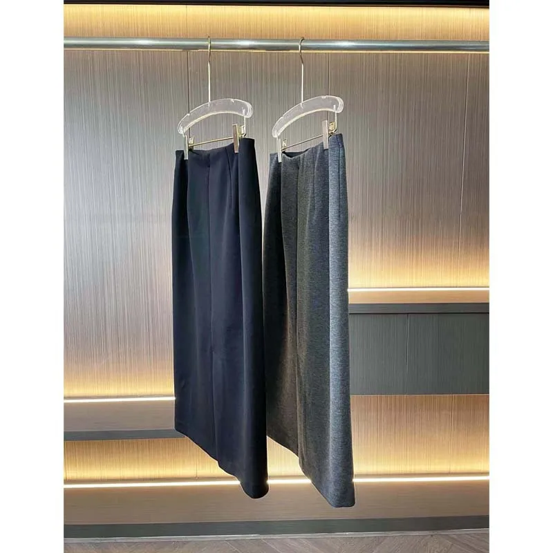 Gonna da donna con spacco grigio in misto seta di gelso e acetato di lana