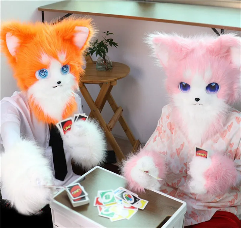 Nieuwe Roze Zwart Kleuren Harige Fursuit Hoofdmasker Pluche Dier Kat Vos Masker Kostuum Rekwisieten voor Halloween Cosplay Party Props Kids Gif