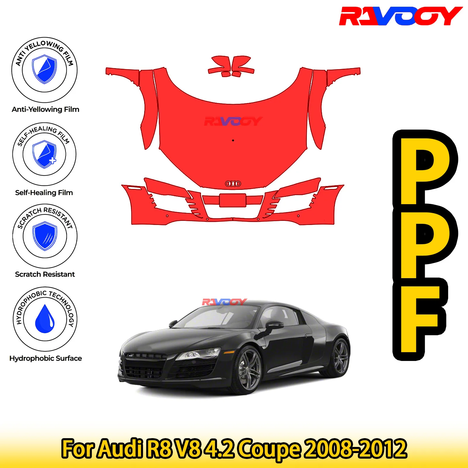 

Для Audi R8 V8 4,2 Coupe 2008-2012 глянцевый матовый черный предварительно вырезанный передний комплект PPF, защитная пленка для краски