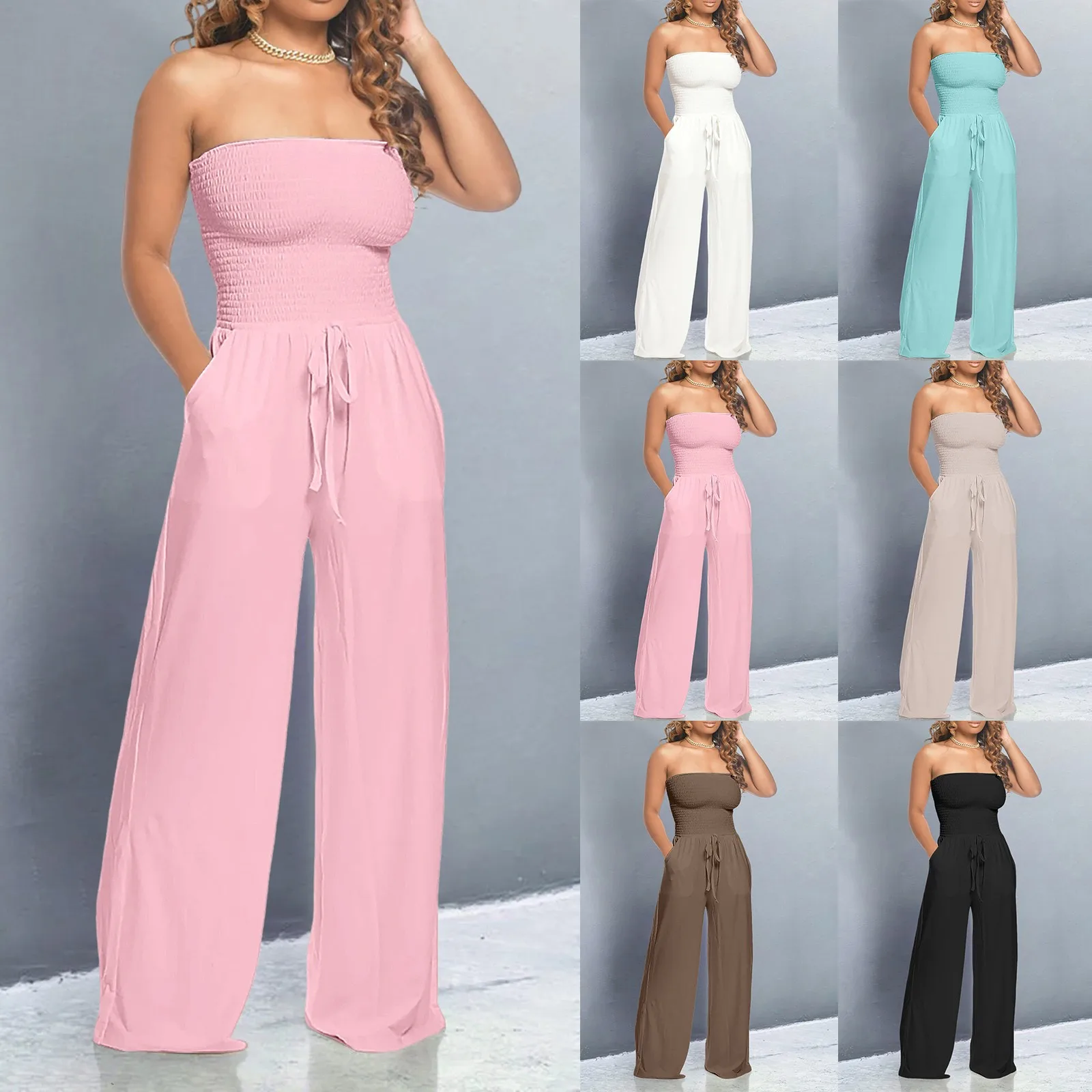 Summer Women Jumpsuits Rompers Sleeveless Strapless Lace Up Wide Leg Jumpsuit Sexy Night Club Party Bandage One Piece Outfits