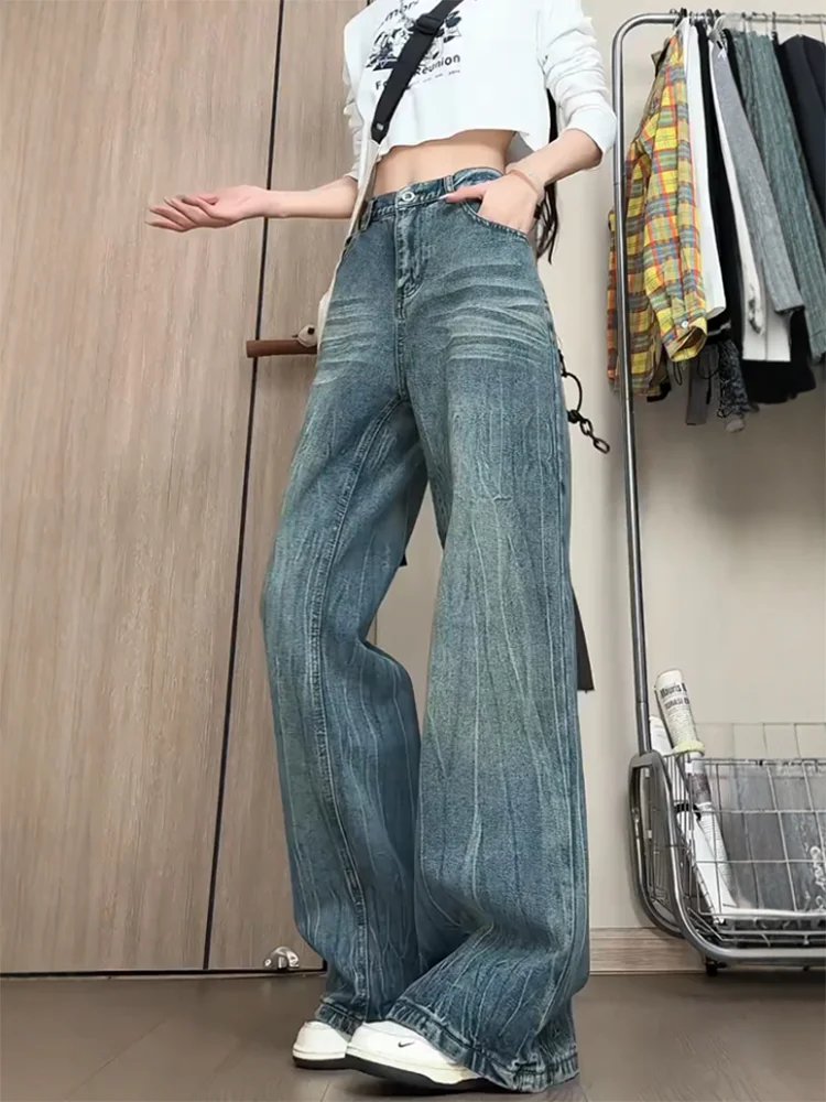 

Retro American Blue Lightning Pattern Jeans High Waist Loose Wide Leg Pants Straight Cut Jeans for Men And Women Autumn Wear