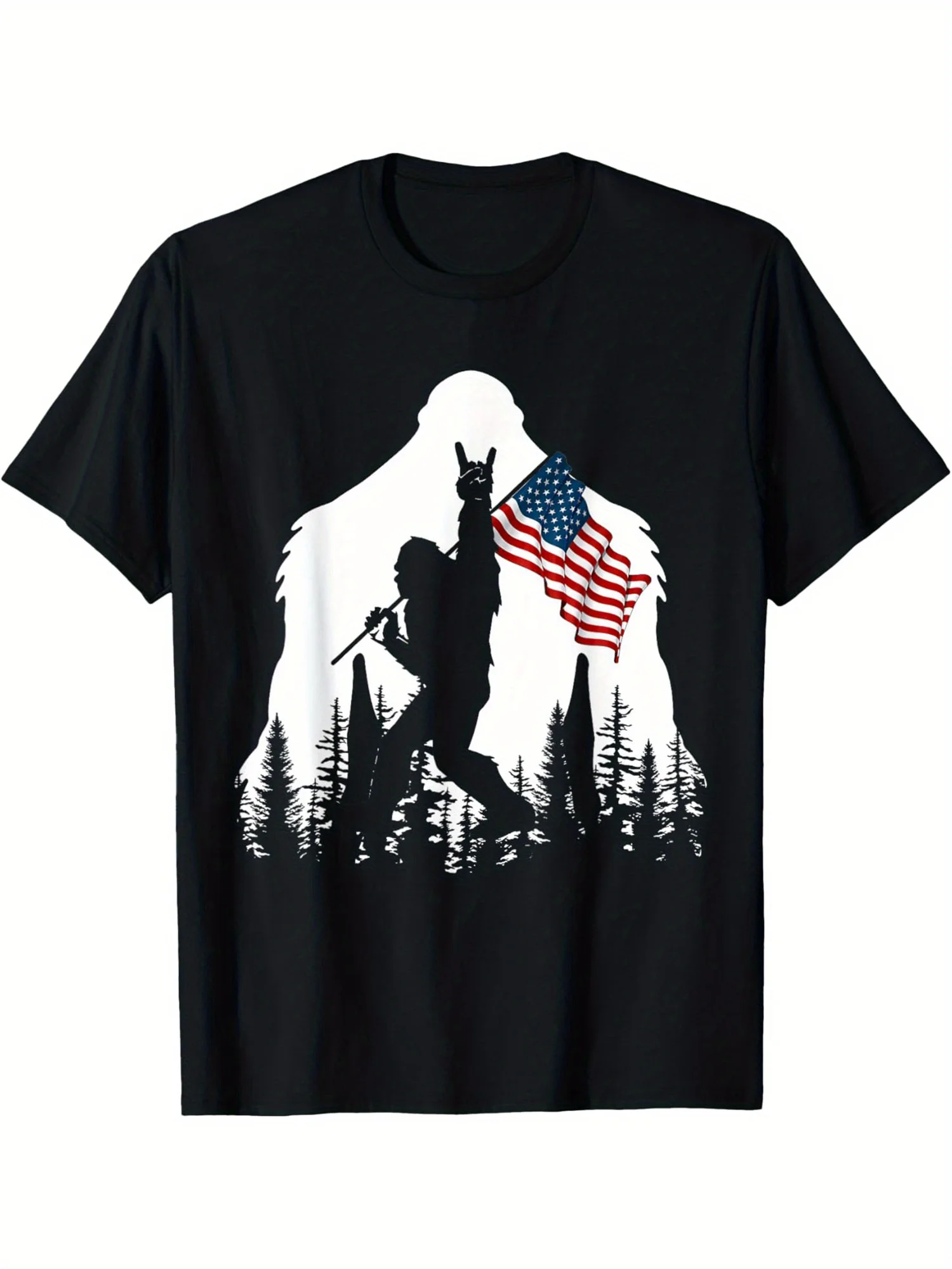 American Flag Sasquatch Believer T-Shirt - Giant Bobcat Pattern T-Shirt, Mountain and Forest Designs, Suitable for Men and Women, Fun Crypto Zoology Christmas Gifts, Camping and Casual Clothing