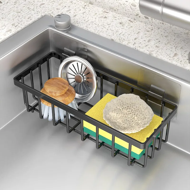 Organisateur d'évier de cuisine facile à installer, sans perçage, support de rangement multifonctionnel adapté aux éponges, aux brosses et aux serviettes