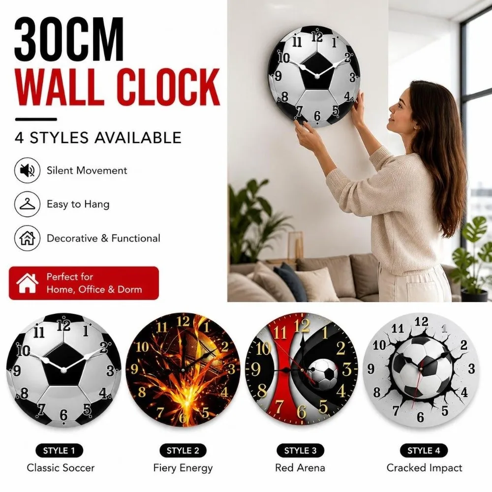 Solid Wood Round Wall Clock Silent 30cm Football-Themed Wooden Clock Battery Operated Non-Ticking Soccer Quartz Clock