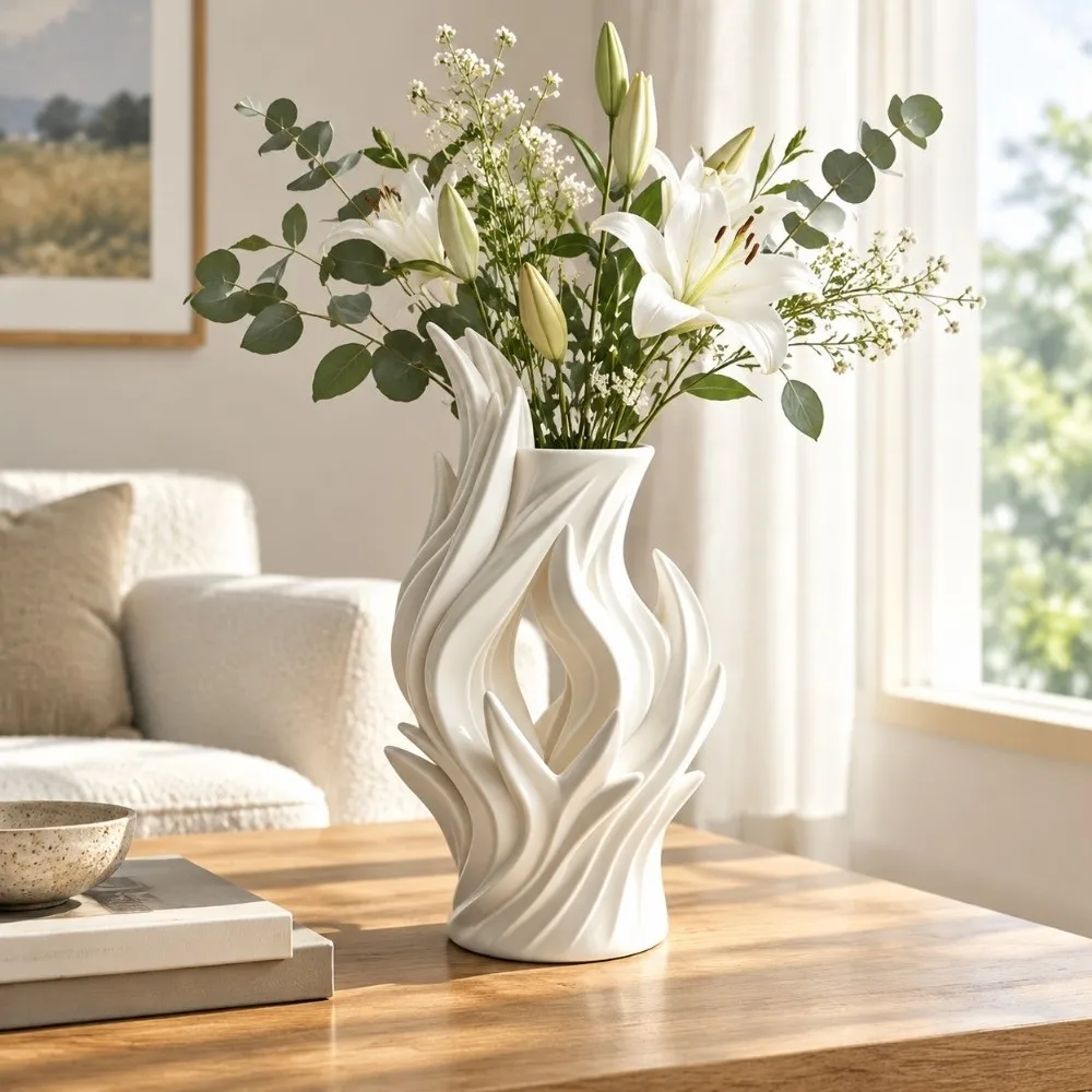 Modern Art 3D Printed Irregular Vase Twisted Wave Minimalist Artistic Flame Vase Hollow Out Flower Container Desktop Decoration