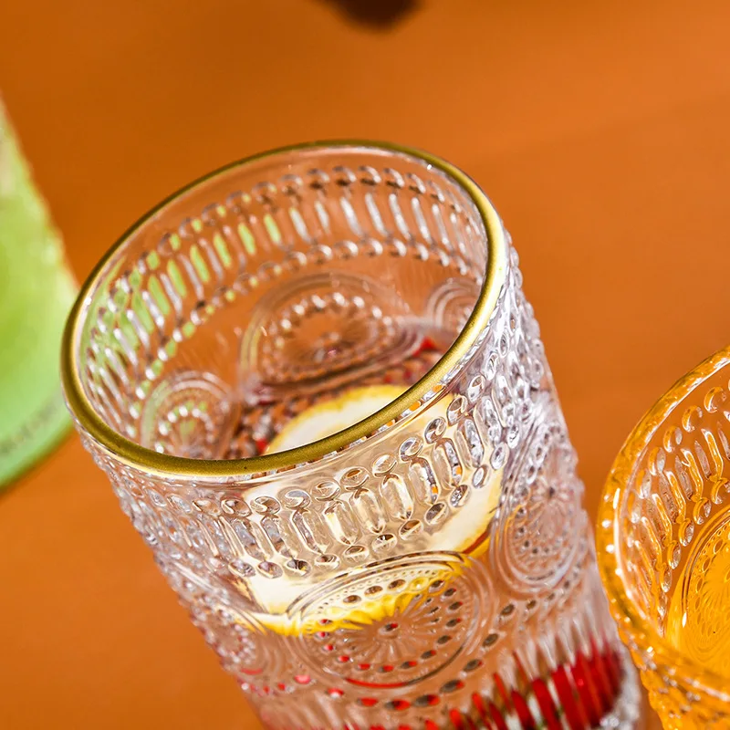 Nordic Cup with Golden Edge Vintage Sunflower Glass Cups Embossed Water Cup Juice Cup Breakfast Glass Wine Glass Household Glass
