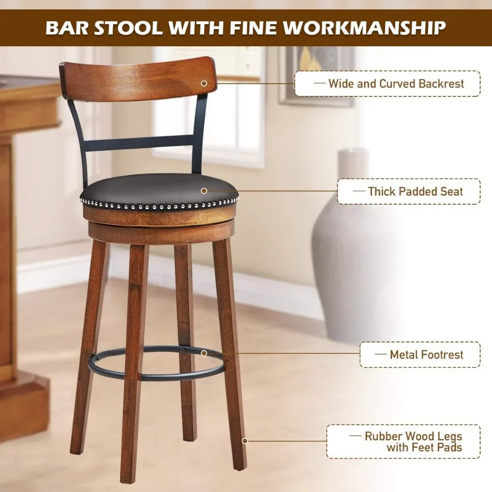 Swivel Stools with Leather Padded Seat, Single Slat Ladder Back & Solid Rubber Wood Legs, Bar Height Stools for Pub