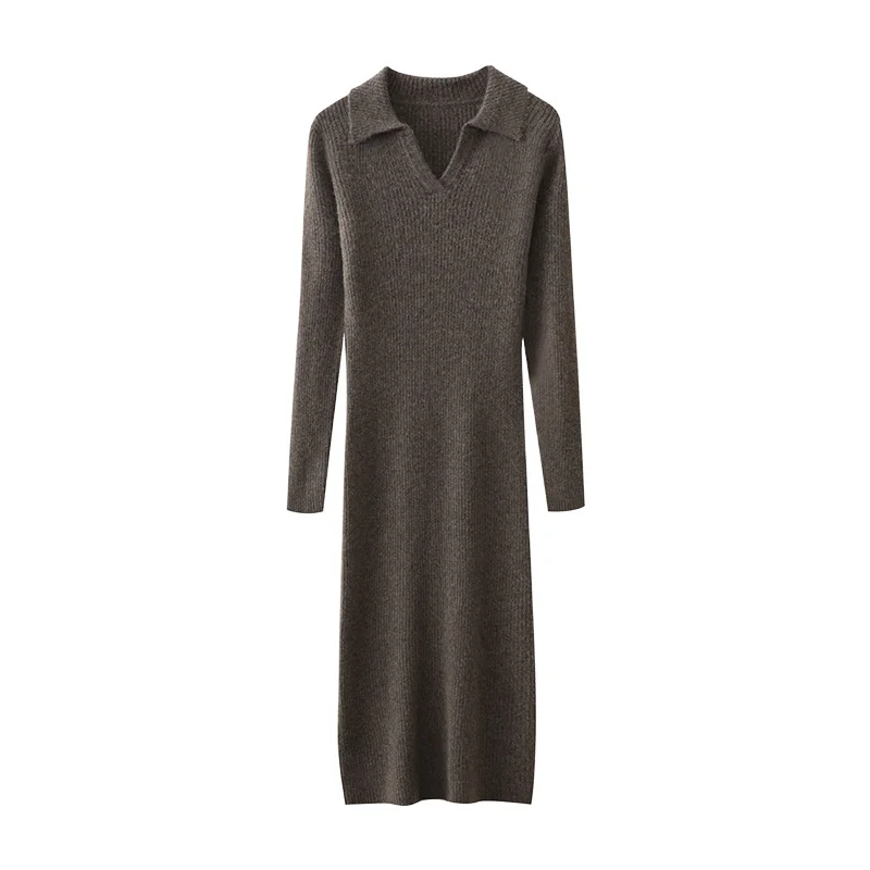 

Женское трикотажное платье-свитер из 100% мериносовой шерсти, осень-зима 2025, средней длины, с отложным воротником, облегающее