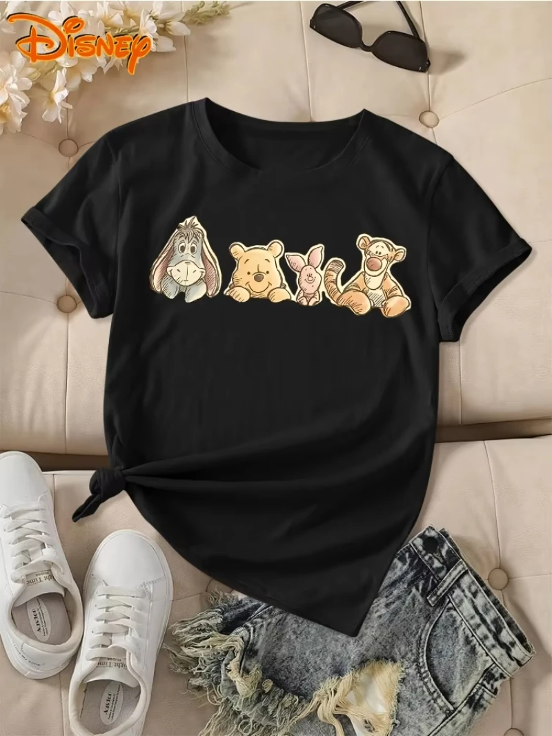 تي شيرت نسائي من Disney بأكمام قصيرة من Winnie The Pooh Tigger Piglet Eeyore مطبوع برقبة دائرية تي شيرت كاجوال متعدد الاستخدامات على الطراز القديم #1