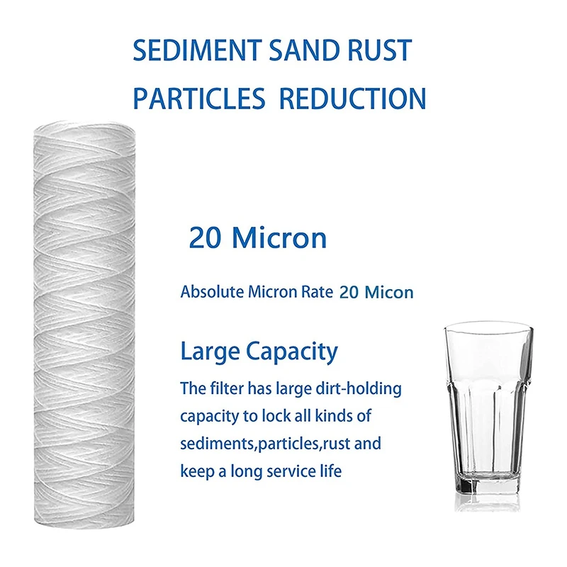 5Pc 20 Micrometre 10X2.5 Inch String Wound Sediment Water Filter,Whole House Sediment Filtration,Replacement For RO Unit