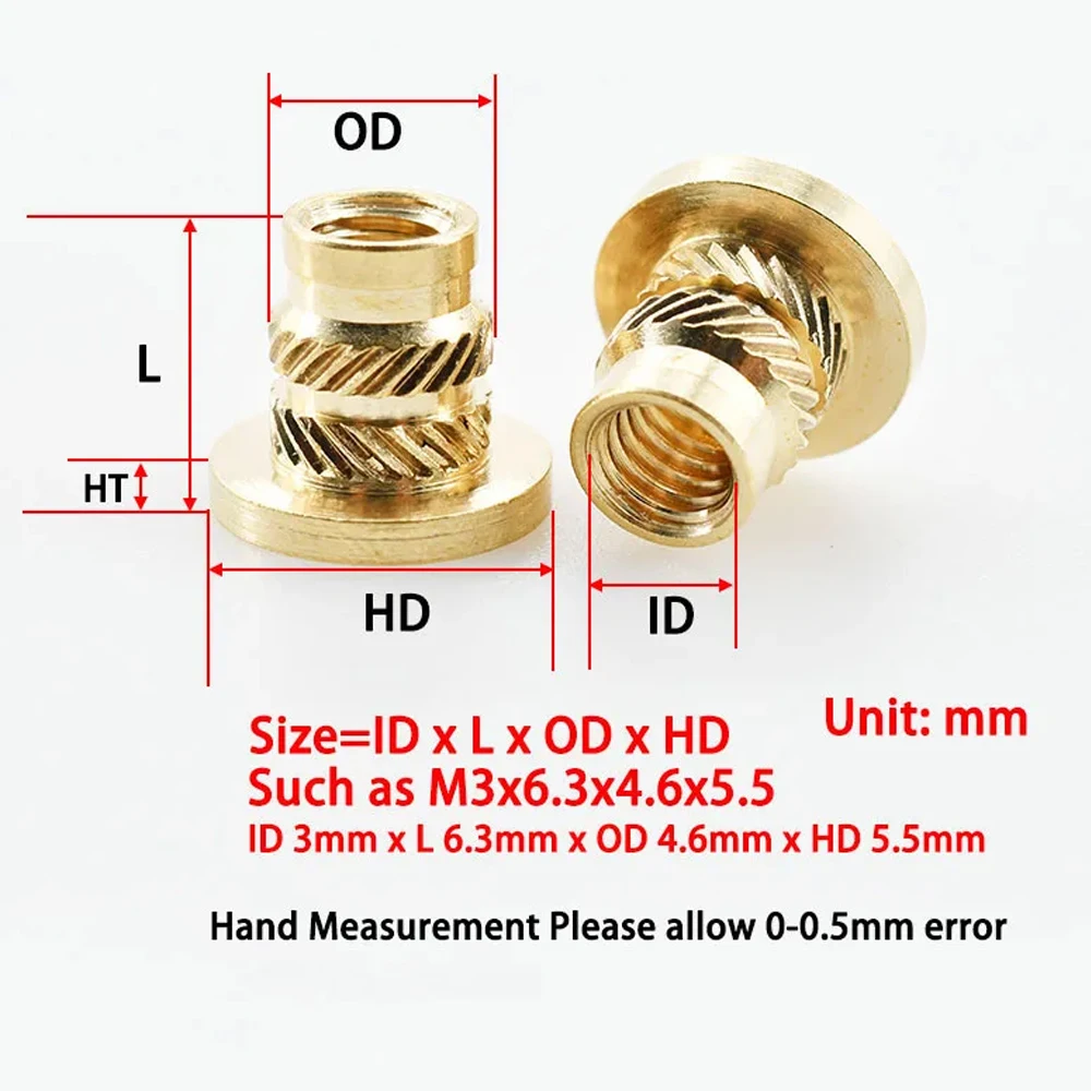 M2 M2.5 M3 M4 M5 M6 M8 Brass Flange Heat Insert Nut Copper T-type Thread Knurled for 3D Printing Injection Embedment Molding Nut